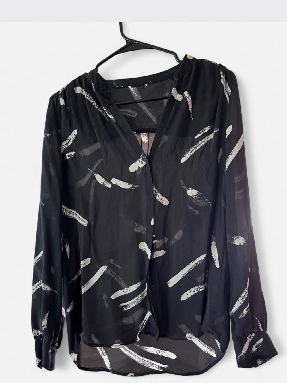 Dark Blue Abstract Brushstroke 100% silk Button-Front Women's Blouse